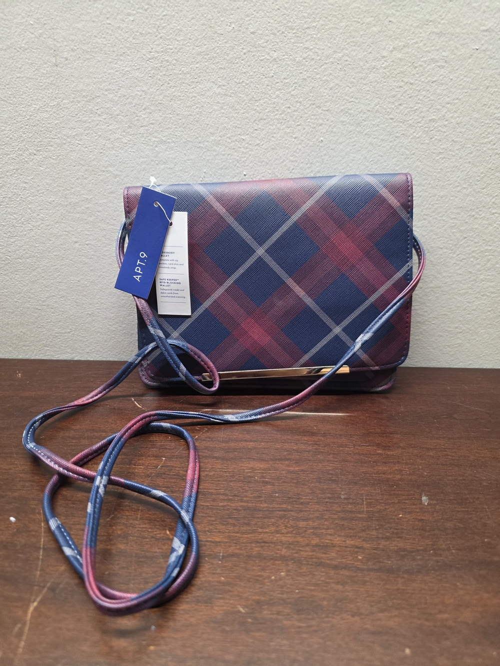Apt. 9 Navy & Burgundy Plaid Crossbody RFID Bag